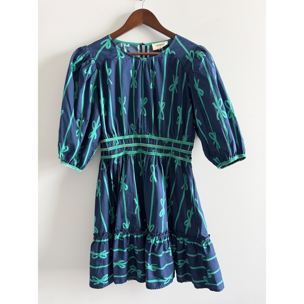Umgee‎ Navy Blue Green Bow Print Cotton Midi Dress Medium  Puff Sleeve
